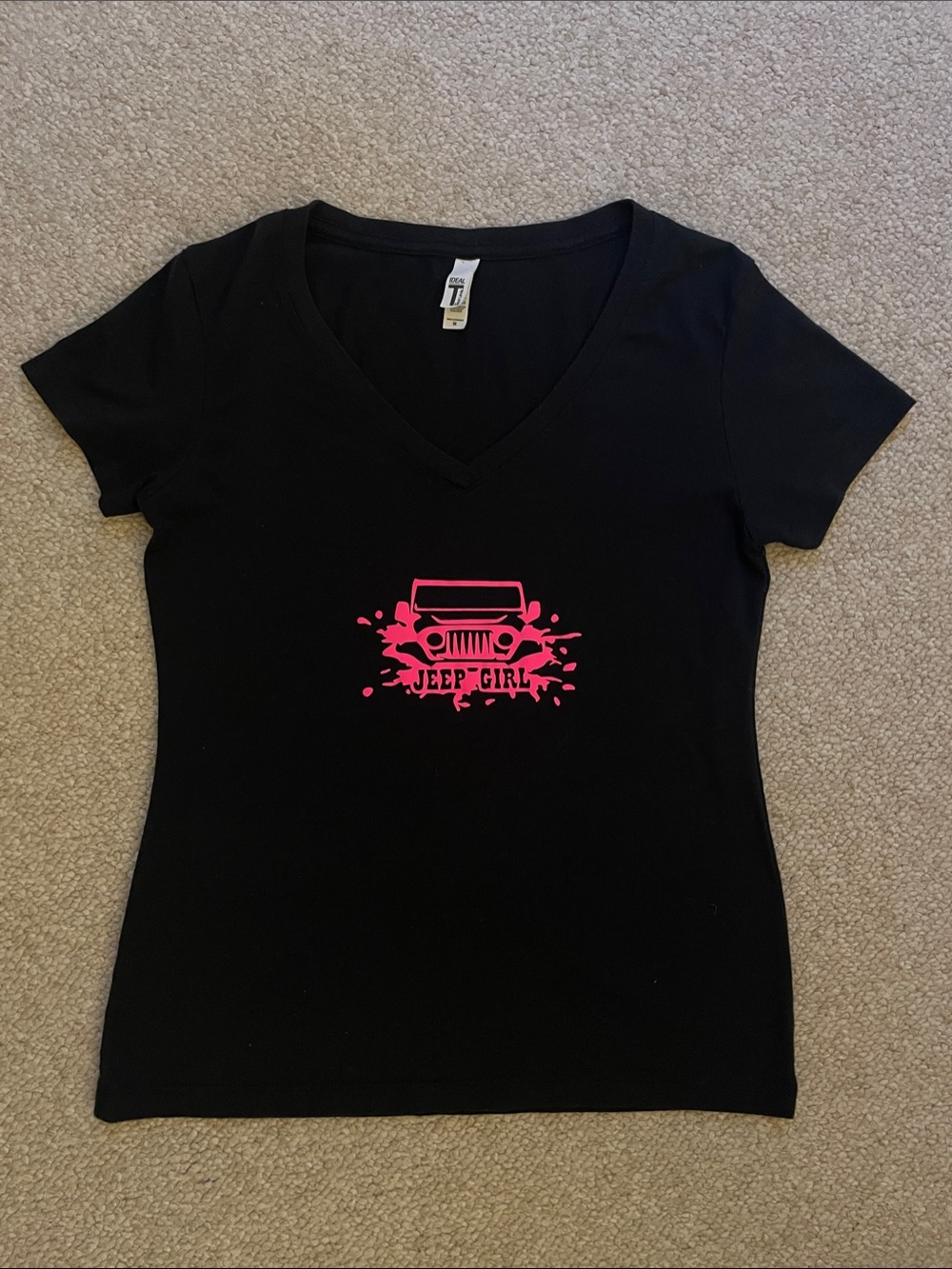 Black V-Neck Tee Jeep Girl Pink Graphic